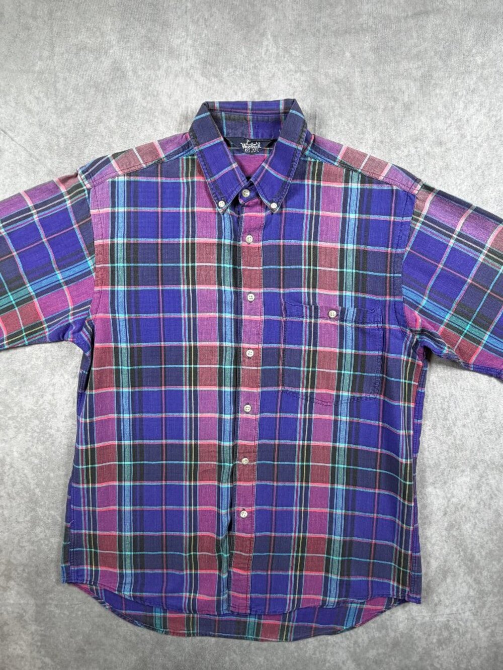 Woolrich Vintage Men's Plaid Short Sleeve Button Up Shirt Purple M